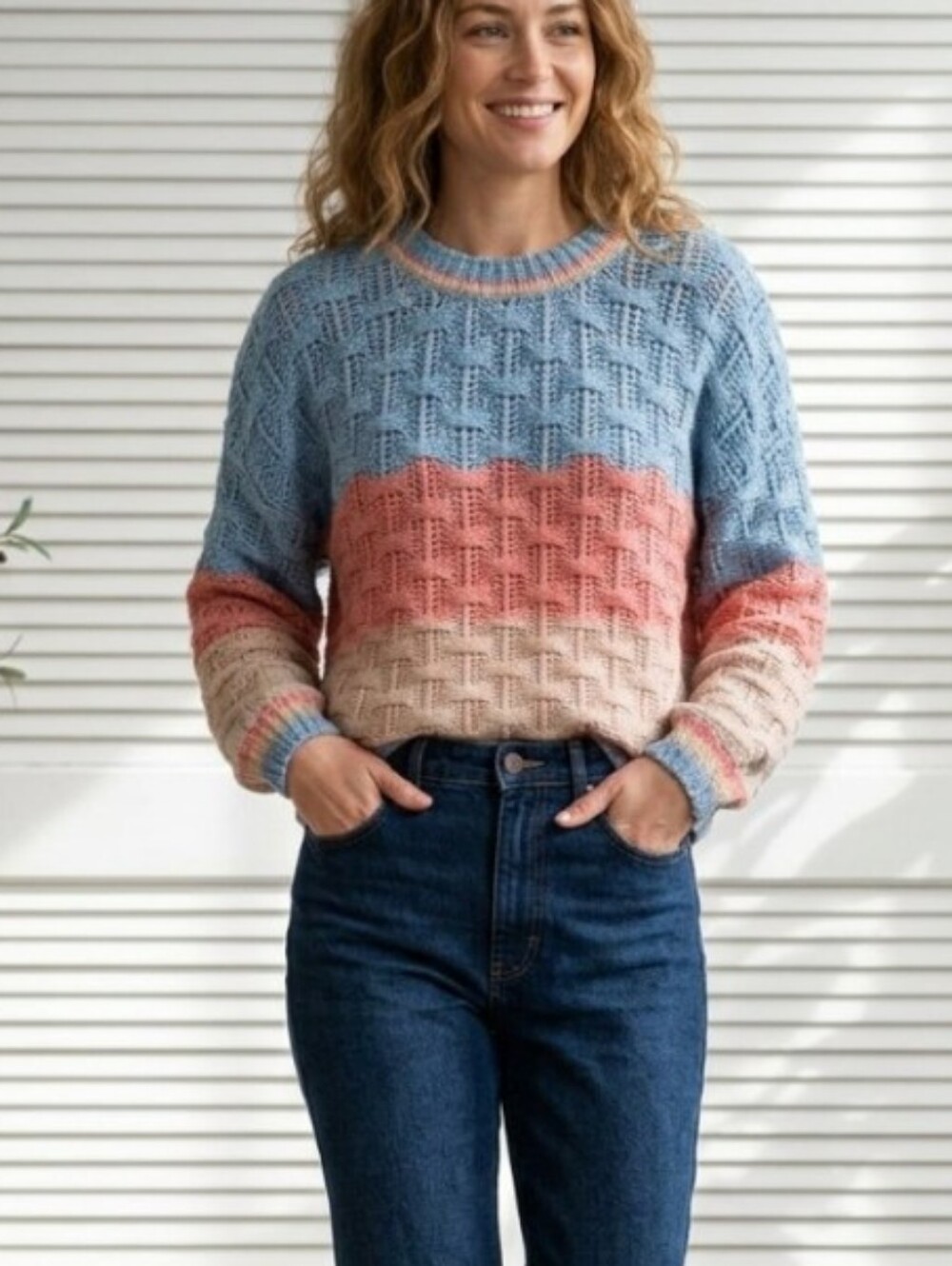 BiBi Pastel Gradient Crewneck Sweater - Blue, Pink & Cream NWT Size M